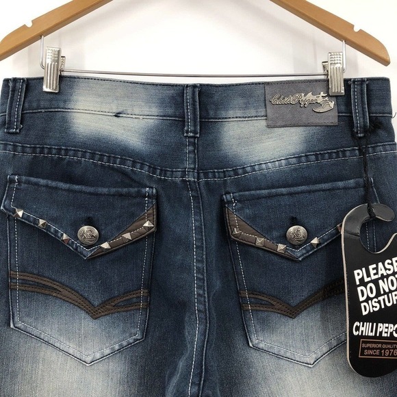 Chili Peqper Mens Jeans Size 33 Straight Leg Embellished Distressed Med Wash NWT - Picture 6 of 9